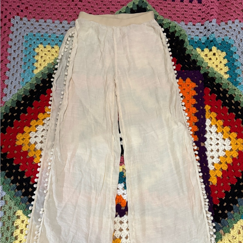 Sheer Cream Wide-Leg Coverup Pants
